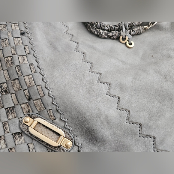 Jimmy Choo Grey/Black Leather and Python Trim Tatum Fringe Hobo - Picture 4 of 8